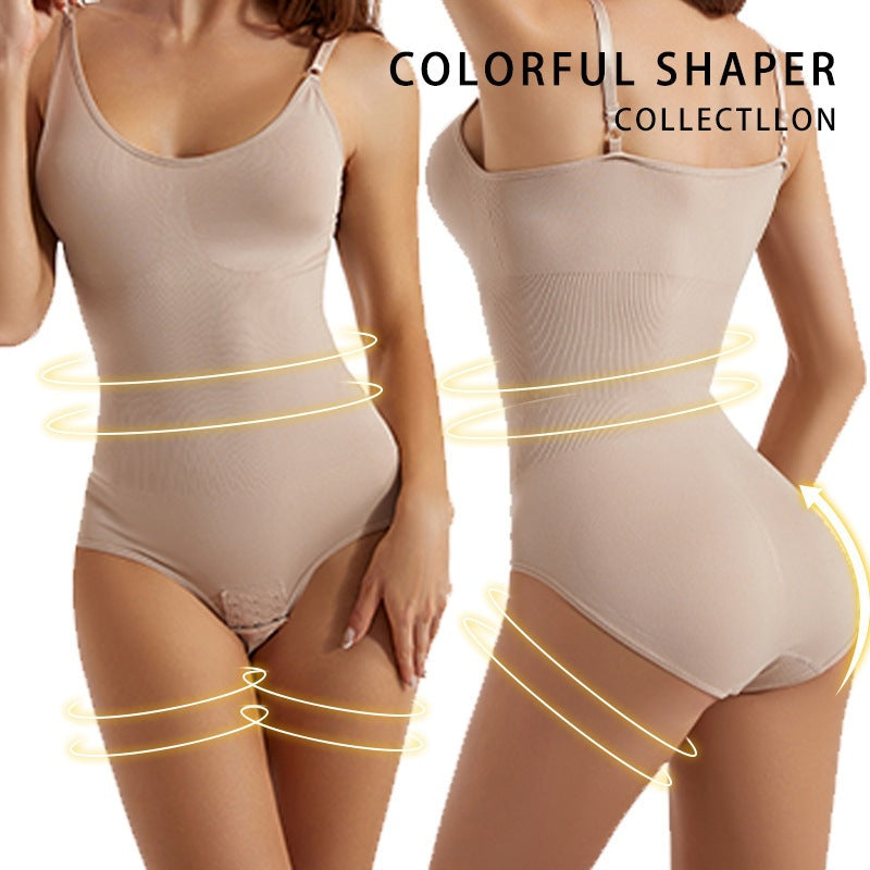 Beige shapewear with yellow lines highlighting contours, labeled 'Colorful Shaper Collection'.