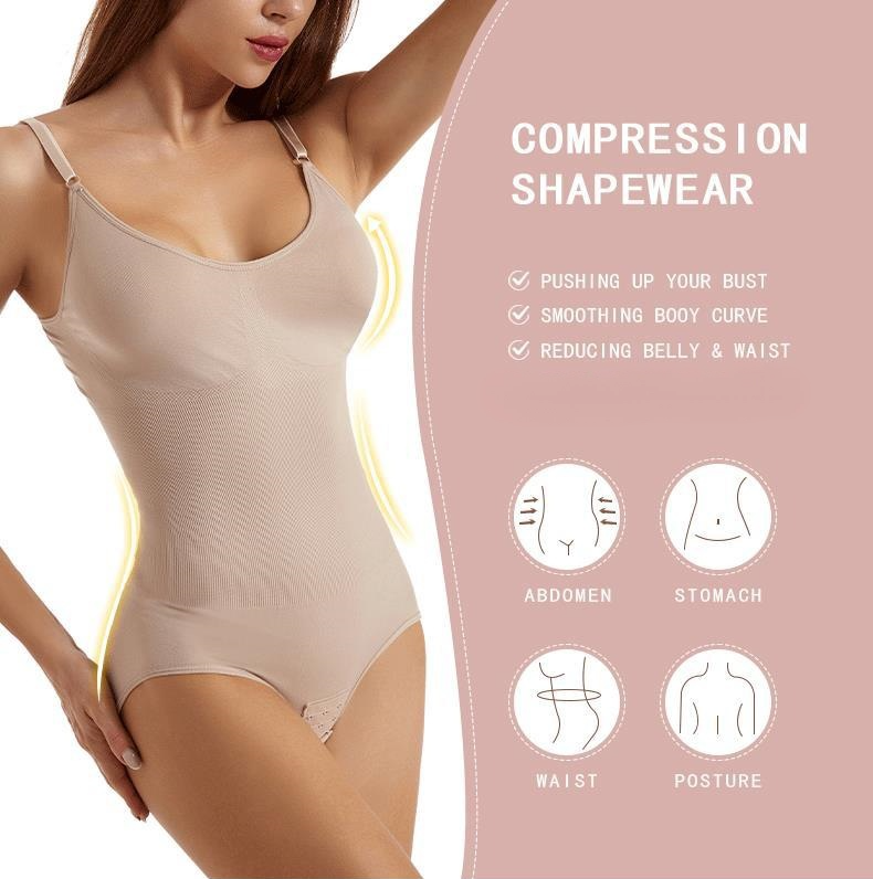 Beige compression shapewear with features on a pink background