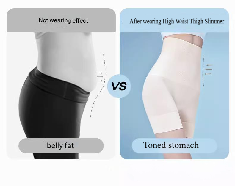 Comparison of belly fat without a high waist thigh slimmer and toned stomach with it.