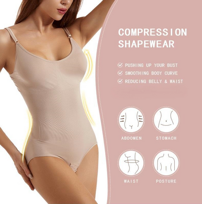 Beige compression shapewear with features on a pink background