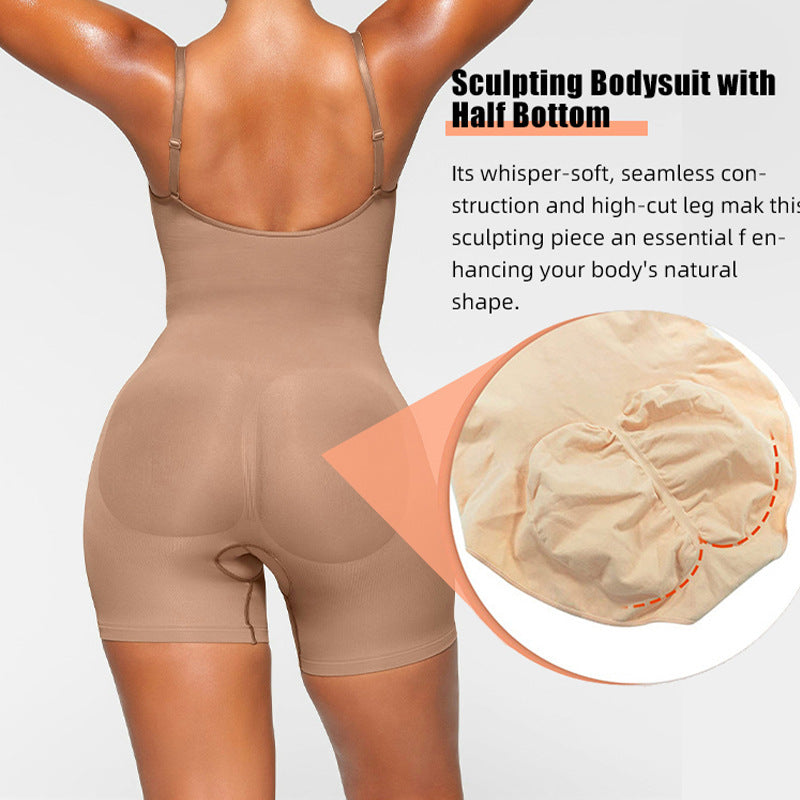 Beige sculpting bodysuit with high-cut leg detail on a white background