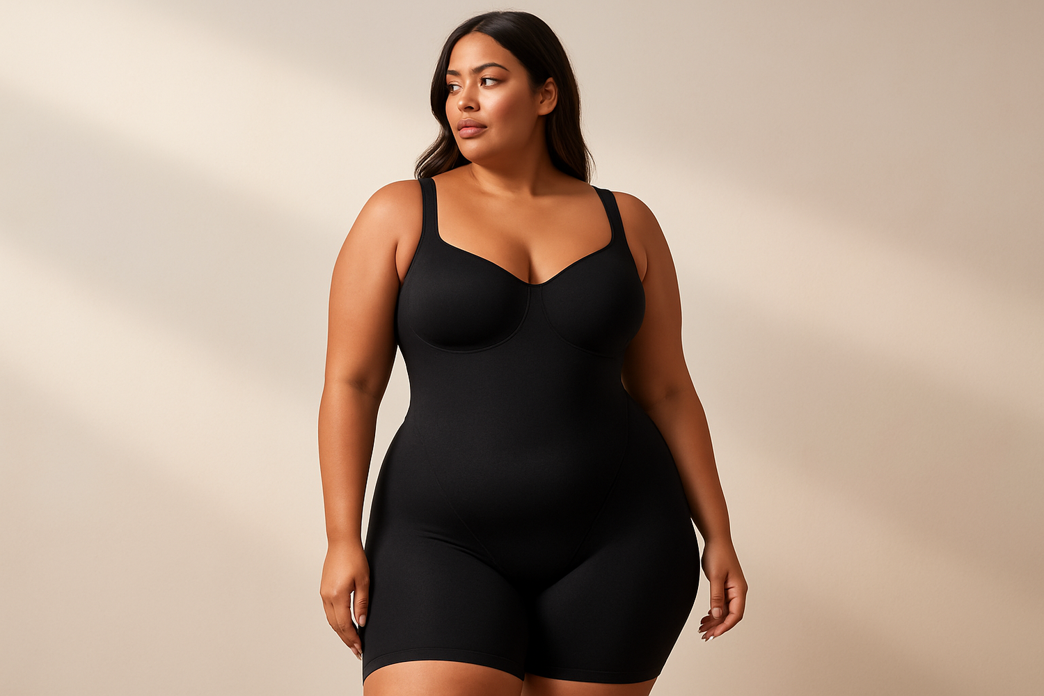 A sleek modern body shapewear garment hugs the curves of a size plus model in a professional studio setting, featuring soft diffused lighting that accentuates the seamless fabric texture against a clean minimalist background with pastel tones.